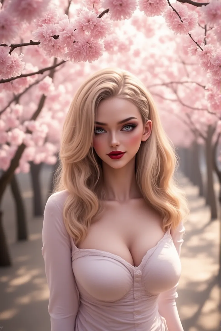 Divide Ratio : 1,1,1 Base Ratio: (high detailed portrait),(ultra-realistic最high quality),(photorealistic),(sharp focus),(highest resolution),(the most absurd quality),(masterpiece), Official art, ((soft cinematic lighting)), ((1girl 18-year-old)) ),fashion supermodel,(best highest quality real texture skin:1.3),(best quality natural texture hair:1.4),BREAK,(short blonde hair (slicked to the side) extremely detailed:1.33),(outside,an orchard of blooming cherry trees:1.35),((perfect proportions)),((anatomically correct)),((firm and full big breasts:1.3)),slim face,beautiful cheekbones,(high detailed realistic face:1.35),(high detailed eyes), (tired and sleepy and satisfied:0.0), close up of a woman's eye, perfect round eyes,finely detailed pupils,(brown_eyes:1.4),BREAK,detailed lips:1.3,pink_makeup:1.22, long_blue_eyeliner:1.22, red_lipstick:1.3,(perfect dark_eyeshadows:1.45), (high detailed makeup on eyes:1.3), with professional makeup, (Detailed nose:1.2),BREAK, (((highly elaborate extravagant microscopic street outfit:1.15)),((white, eye-catching latex lace-up over-the-knee boots:1.22)),((small head:1.4)),makeup:1.22, (close up of her face), exquisite balance of shadows,perfect composition,((look at the viewer)), Hasselblad, 50mm f/2.2