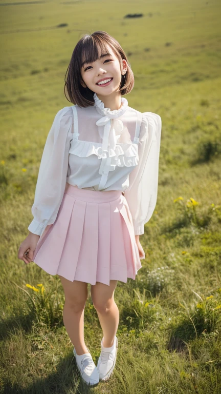 there is a woman that is standing in a field with a skirt, frilly outfit, frilled blooming collar, white blouse, wearing white skirt, elegant slim beige shirt, japanese girl school uniform, feminine in cute pastel shades, wearing a blouse, collared shirt, wearing a white blouse, cream colored blouse, anime girl in real life, wide skirts, frill