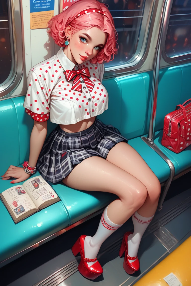 score_9, score_8_up, score_7_up, score_6_up, best quality, 1girl, large hips, small waist, bra, open leather jacket, knee high socks, sneaker, tartan skirt, sitting in a bus,red hair, holding a book