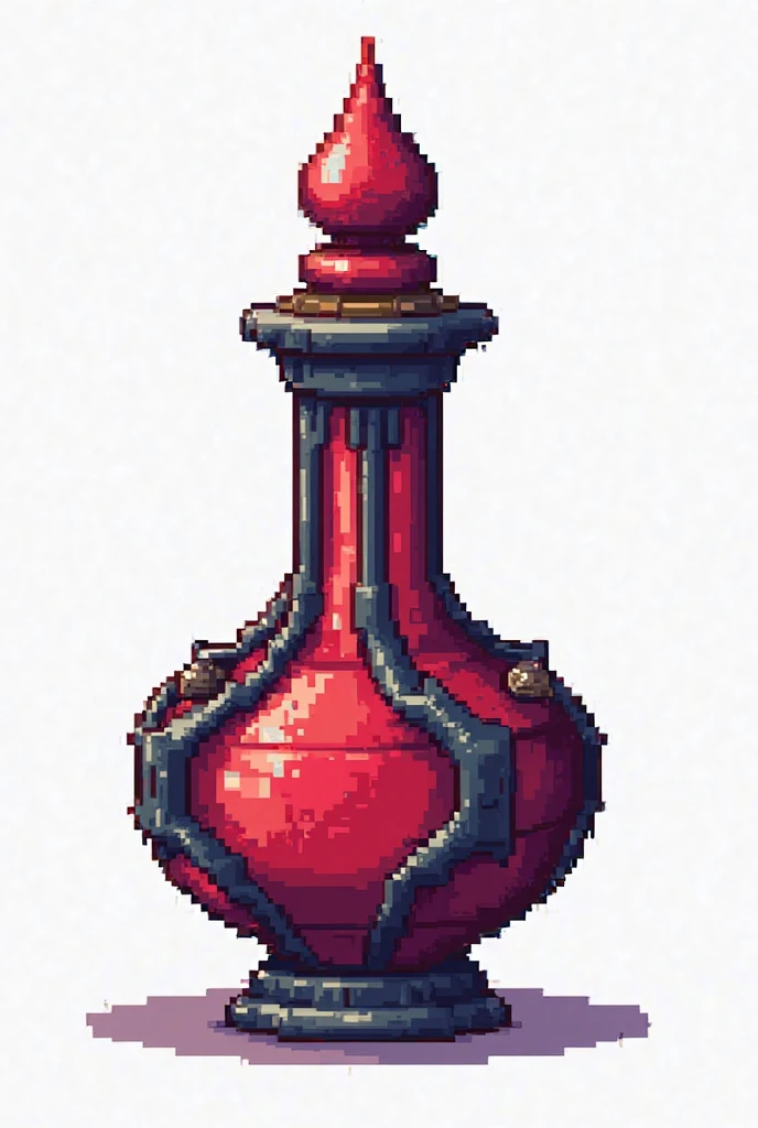 ArsMJStyle, NoirLuminescence, Bottle clear background, The image is a digital illustration of a wooden bottle with a chain around it. The bottle is made of a light-colored wood with a dark brown finish. The body of the bottle is cylindrical in shape and has a spout at the top. The neck of the neck is covered with a black ribbon tied in a bow. On the front of the body there is a red gemstone in the center which appears to be a gemstone. The gemstone is surrounded by a black and gold design with leaves and flowers. The chain is attached to the bottle with two small pendants. The background is a plain grey color.