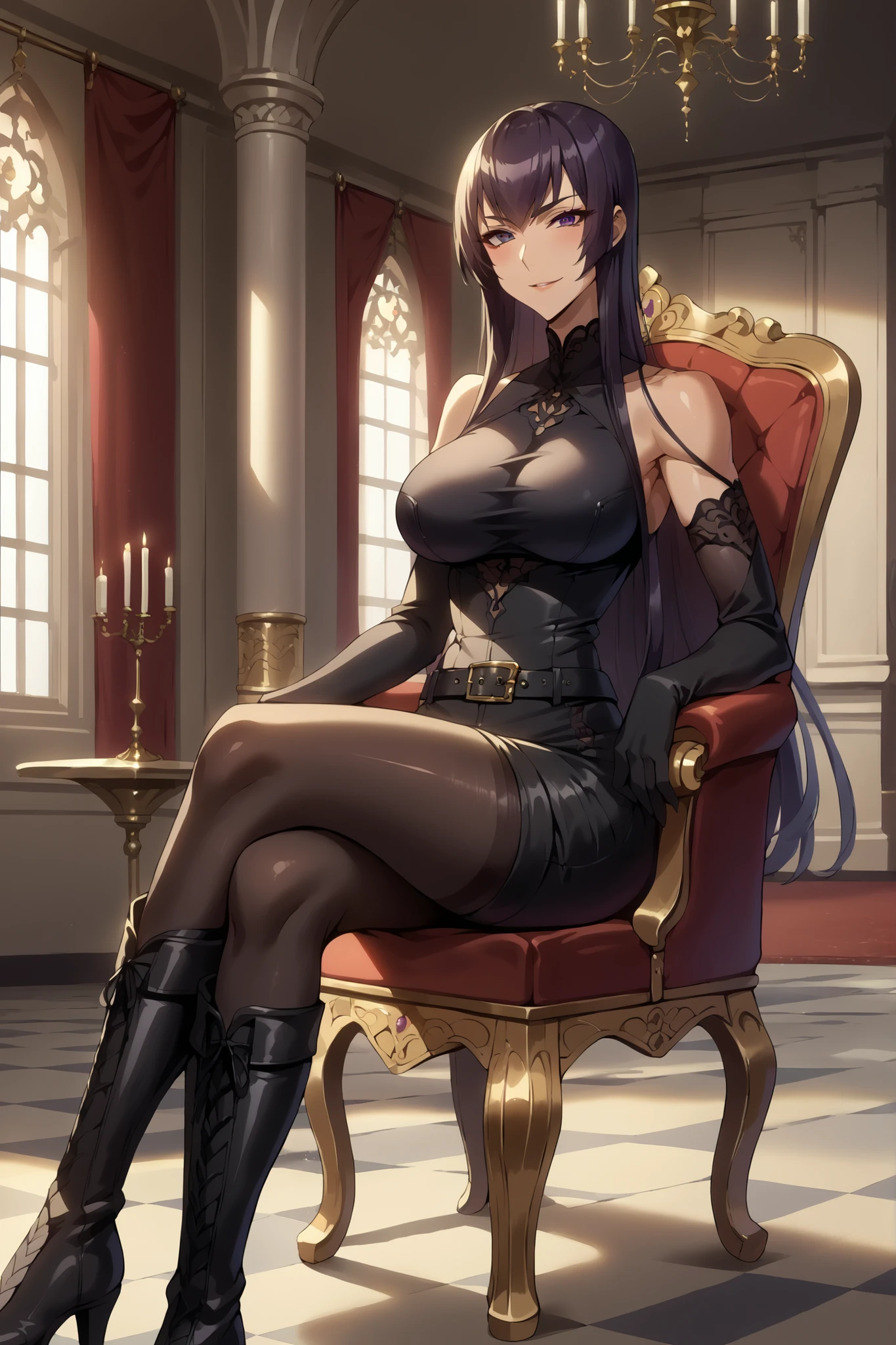 seductive smile, score_9, score_8_up, score_7_up, score_6_up, source_anime, BREAK 1girl, Saeko Busujima, very long hair, black shirt, bare shoulders, belt, black leggings, detached sleeves, black gloves, large breasts, sitting, chair, fancy chair, chandelier, looking at you, mansion interior, crossed legs, black boots