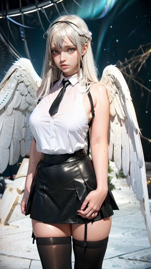 Enfermera vestida de blanco con anuncio de angeles en casa estampado en el uniforme