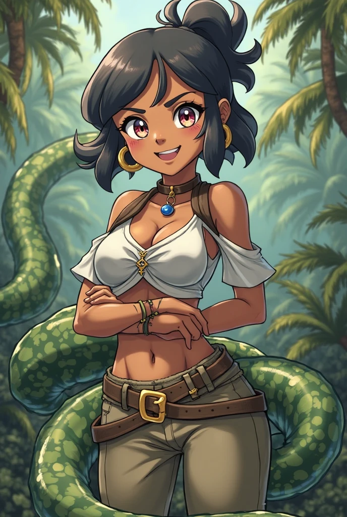 tall girl, slim, blue snake tail, little blue horns, brown skin, and some multicoloured scales. short hair. anime style, cartoon style, Digital art, high detail face, tan lines. Clean and delicate face. Friendly face, whole body. lying on the ground, relaxed pose, laziness. tribal clothing, short skirt, bare legs, soft skin, bone ornaments, Gold bracelets and accessories, simple background.