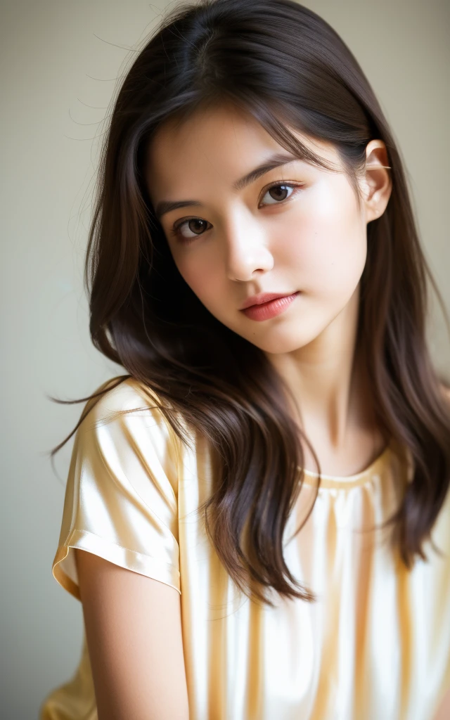 (32k、High resolution、Natural light color gradation、Realistic lighting、Soft Light:1.0、Ray Tracing Technology:1.22、Backlight、Fine shading、Three-dimensional effect of the face、Film Grain Effect:1.1、Fine details、natural、Delicate light and shadow、Sharp details、Highest quality realistic textures:1.22、Smooth, glowing skin、Delicately expressing pores and fine hairs:1.33)、A natural pale pink complexion on the cheeks、Black straight hair、Shoulder length、Bangs reach the eyebrows、Each and every hair is drawn in detail、Has a natural shine、Shines where light hits、Big brown eyes、The iris pattern is depicted in detail.、The pupil is clearly visible in the center、The light from the window reflects in your eyes、The reflection of light gives the eyes a little sparkle、Thin blood vessels are visible in the whites of the eyes around the pupils.、Adding Realism、Each long eyelash is carefully drawn.、Naturally shaped eyebrows、The flow of hair is clearly visible、With a bright smile、I can see my pure white teeth、Lips are naturally pink、Realistic expression of texture and gloss、There is a slight shadow on the edge of the lips、It has a three-dimensional effect、Subtle light reflections are drawn on the surface of the teeth.、Gums are a healthy pink color、Smooth jaw and beautiful face line、There is a slight shadow under the chin、The boundary with the neck is drawn naturally.、The fine muscle lines are visible on the neck.、Healthy impression、White blouse and navy blue sailor suit、The uniform has a neatly tied red ribbon on the collar.、The texture and wrinkles of the clothing fabric are depicted in detail
