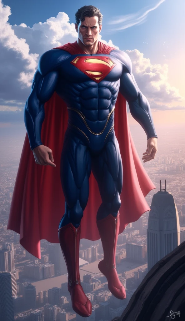 floating superman above buildings, full body shot, detailed foot, detailed head
