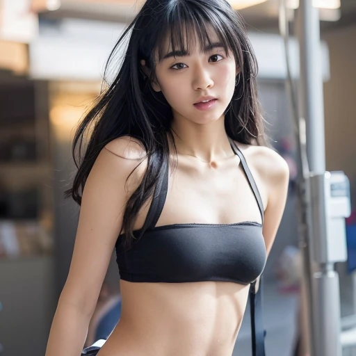 best qualtiy,超高分辨率,realisticlying,realisticlying,tmasterpiece,lighting perfect,1girll,swim wears,long whitr hair,pony tails,Cute headband,urban backdrop,As night fell,The arms are behind the back
, Akinav1,14-year-old girl,full bodyesbian