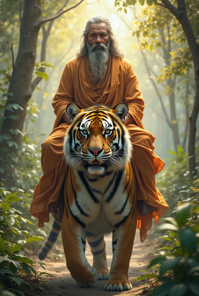Myanmar old man riding a tiger
