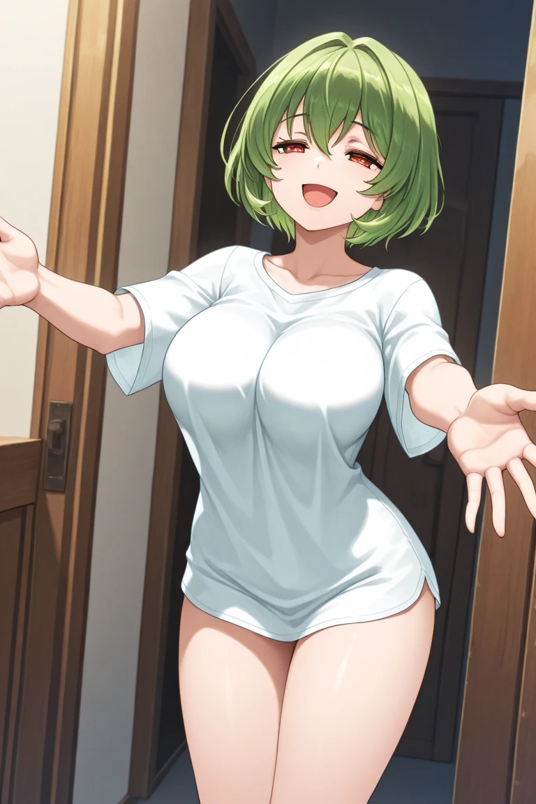 A tall girl big breast beautiful sensual beauty light green emo hair short cut her red eye wears green top under long white shirt and a long green skirt white dress cute