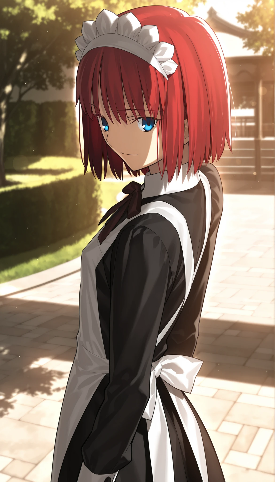 masterpiece, , absurdres, highres, detailed background, high resolution, masterpiece, necessary, detail, best quality, quality, necessary, details, High details, Precise, dark, outdoors, school, dappled sunlight, day, lens flare, blurry background, from above, from back, ,
1girl, , Takeuchi Takashi (type-moon,tsukihime) style, takeuchi takashi style,
girl, Akiha_Tohno, (tsukihime), red hair, bangs, (short hair, bob cut hair), (sapphire eyes), straight hair, tsurime, maid headdress, (), expressionless, light smile,
(black dress shirt, white apron), , dark red ribbon, small breast, flat chest, , looking back, ,