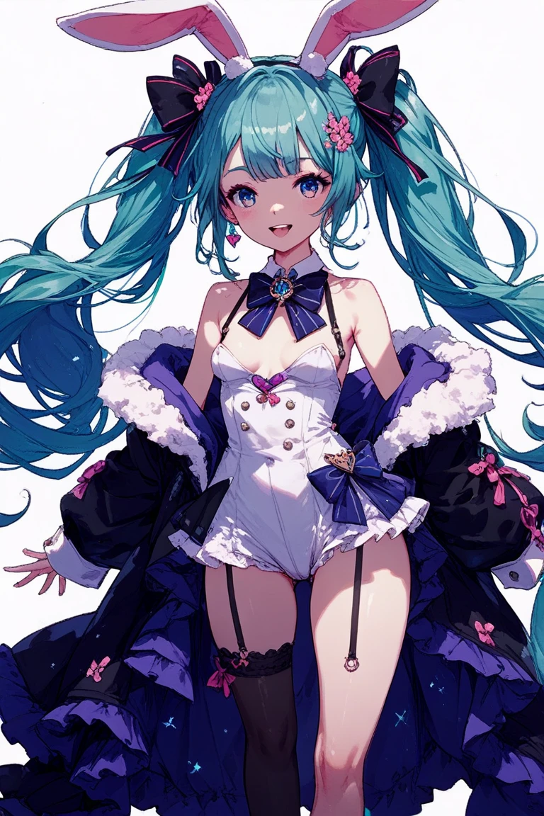 masterpiece,best quality,highres,ultra-detailed,cowboy shot,solo,1girl,medium_breasts,long hair,standing,outdoors,garden,cherry blossom,trees,bunny_leotard, hatsune miku,