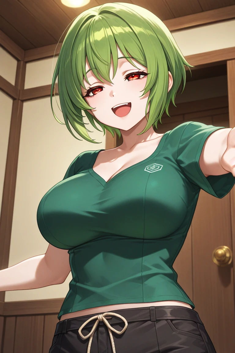  a tall girl big breast beautiful sensual beauty light green hair short cut her red eye dresses green top under long white shirt and a long green skirt cute dress 