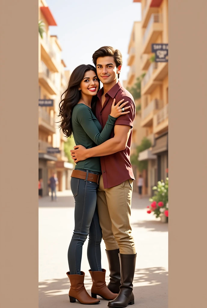 Book cover with a young couple in their 20s, the boy is a motorcyclist and the girl is a rich girl in a long pink dress, Behind them a lion 