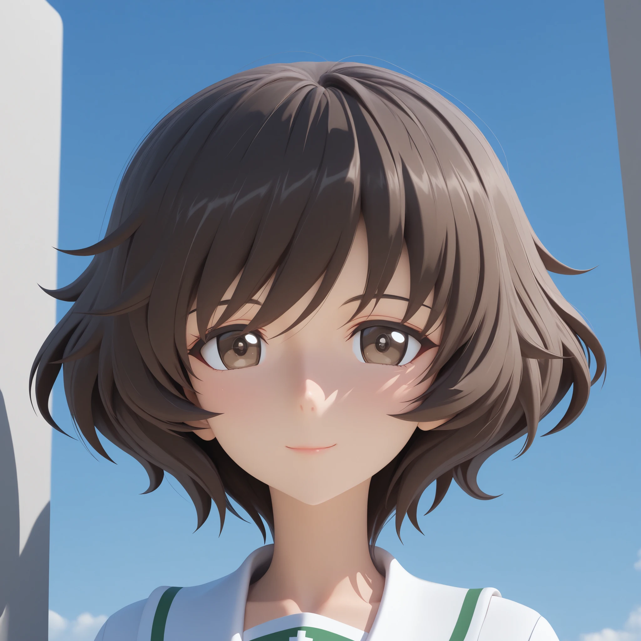SFW, 8k, 3d , render in 3d, Masterpiece, very aesthetic, elegant mature woman, Akiyama Yukari (girl und panzer), blue sky background, anime clouds, looking at viewer, formal photo shot posture, white oarai school uniform, front view, upper body shot, face focus, slight Smile,