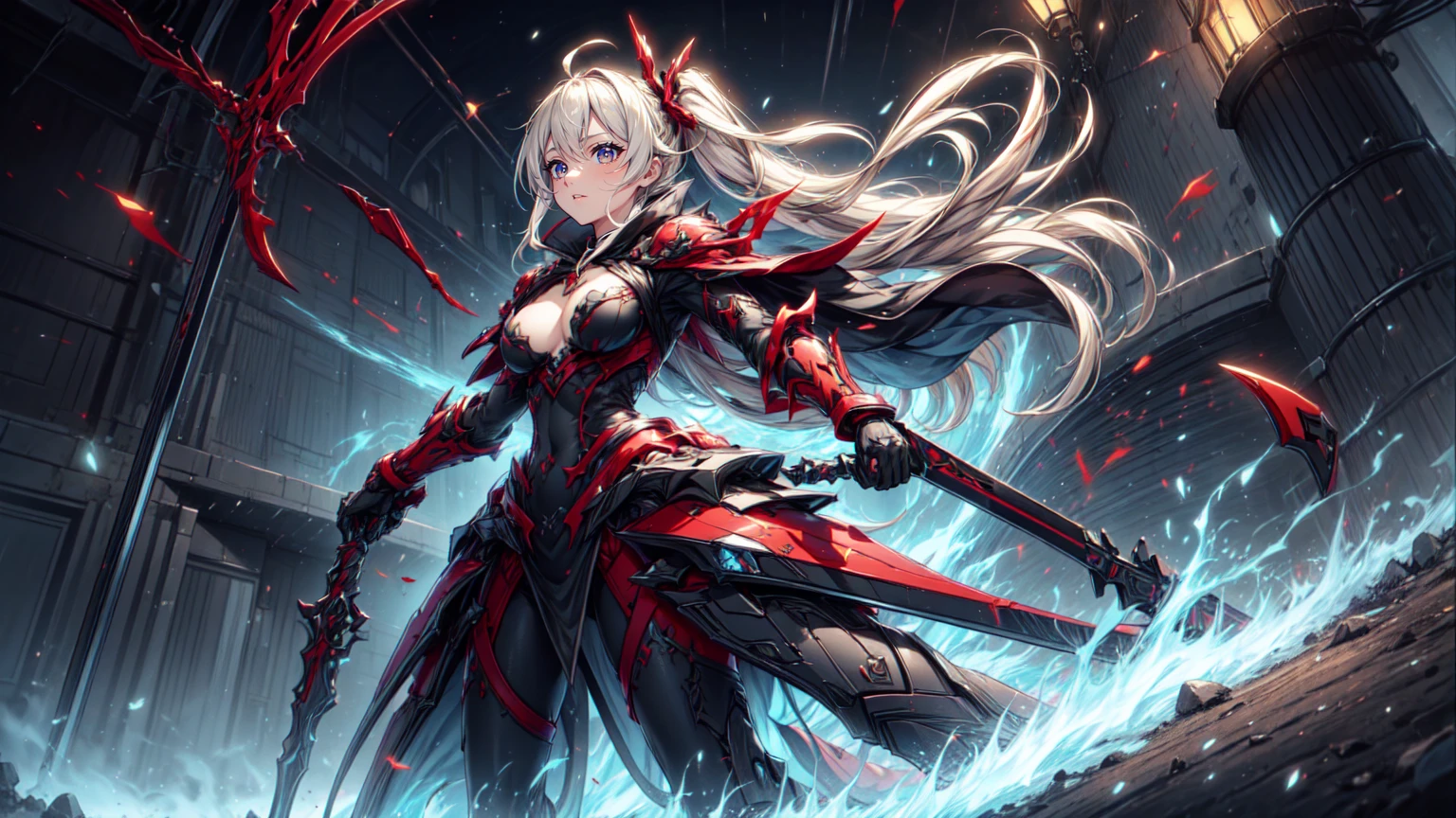 (((Best resolution, Textured skin, high quality, Caution about scars, Precise CG unification, game CG))), (One girl), necromancer, (red long hair), Are standing, (action pose: 1.4), dynamic angle, Holding a wand, skull,