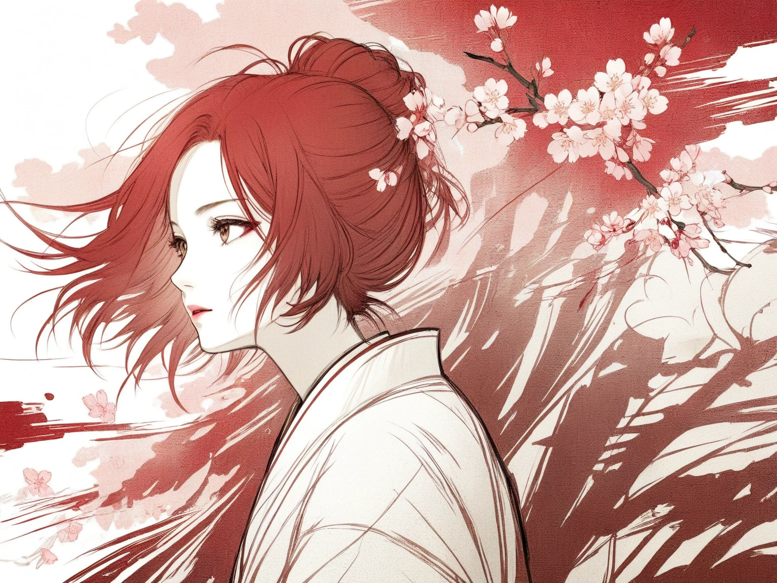 pop art、 digital artwork 、draw with brown ink on white paper、 woman in hakama、 White and brown brushstrokes 、 melancholy expression、upper body、Thin slant 、Extremely detailed and dynamic、 express shadows with precise lines 、Delicate and accurate expression、Cherry blossoms fluttering in the background、modern art、Stroke Style, Red filter、Yotaku Amano