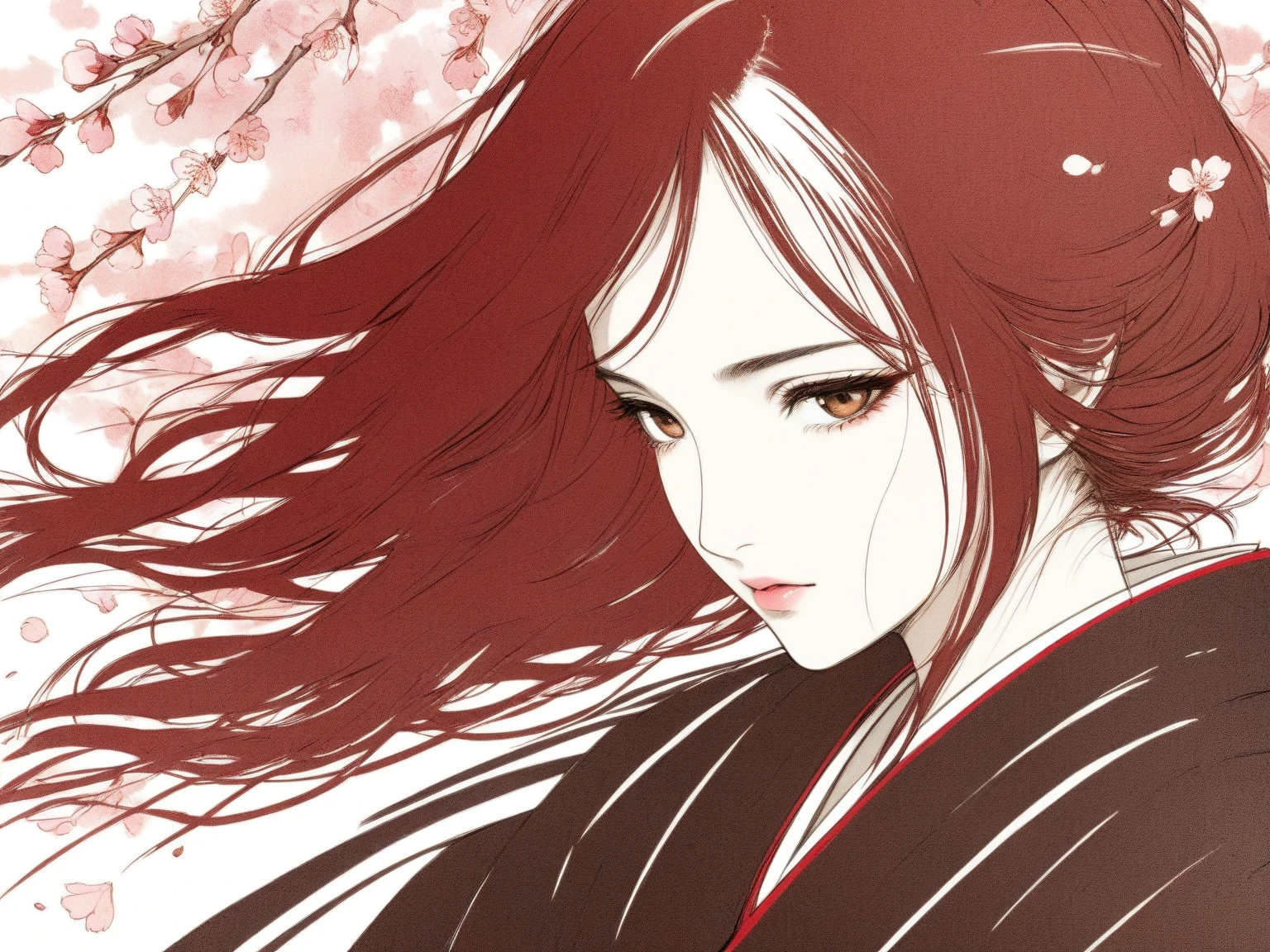 pop art、 digital artwork 、draw with brown ink on white paper、 woman in hakama、 White and brown brushstrokes 、 melancholy expression、upper body、Thin slant 、Extremely detailed and dynamic、 express shadows with precise lines 、Delicate and accurate expression、Cherry blossoms fluttering in the background、modern art、Stroke Style, Red filter、Yotaku Amano