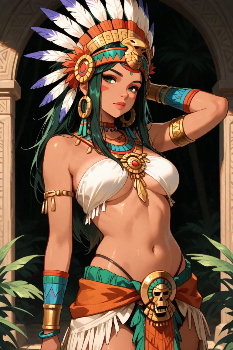 Miku Hatsune, piel bronceada, alta definicion, tatuaje tribal, prehispanic clothes, mayan gir, piramid maya landscape, jungle,nude, tribal body paiting