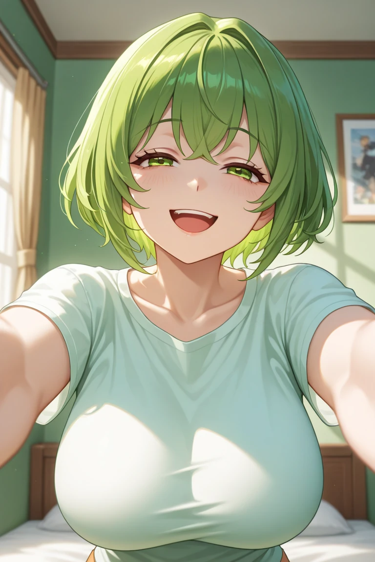 (masterpiece, best quality), 1girl, solo, otaku, dark green hair, medium hair, messy hair, long bangs, hair over one eye, orange eyes, gigantic breasts, plump, thick lips, indoors, hospital, pink nurse, pink nurse cap, cleavage, downblouse, no bra, taut clothes, from above, upper body, pov, outstretched arms, reaching out, head tilt, naughty face, grin, spoken musical note