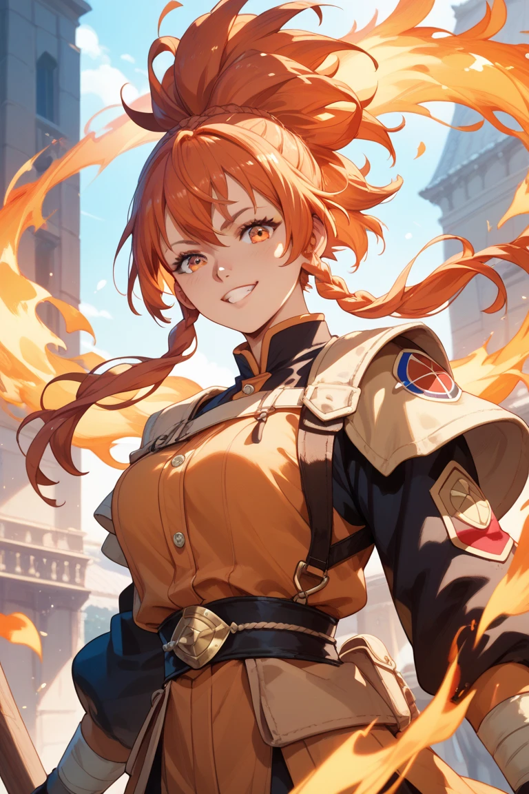 1girl, (wearing red armor with dazzling light: 1.2), (holding a huge sword emitting fiery flame in one hand: 1.2), (red hair, dynamic hair), blushing, cute side face, (masterpiece: 1.2, best quality), (fine beautiful eyes: 1.2), (very detailed CG Unity 8k wallpaper, masterpiece, best quality, hyper detail, best shadow), (detailed background), (beautiful detail face, beautiful detail eyes), high contrast, (best lighting, extremely delicate and beautiful), (dynamic shape: 1.2), (delicate sword with flame: 1.5), transverse red flame around it