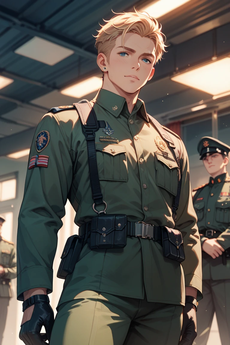 A man in camouflage uniform is at the door