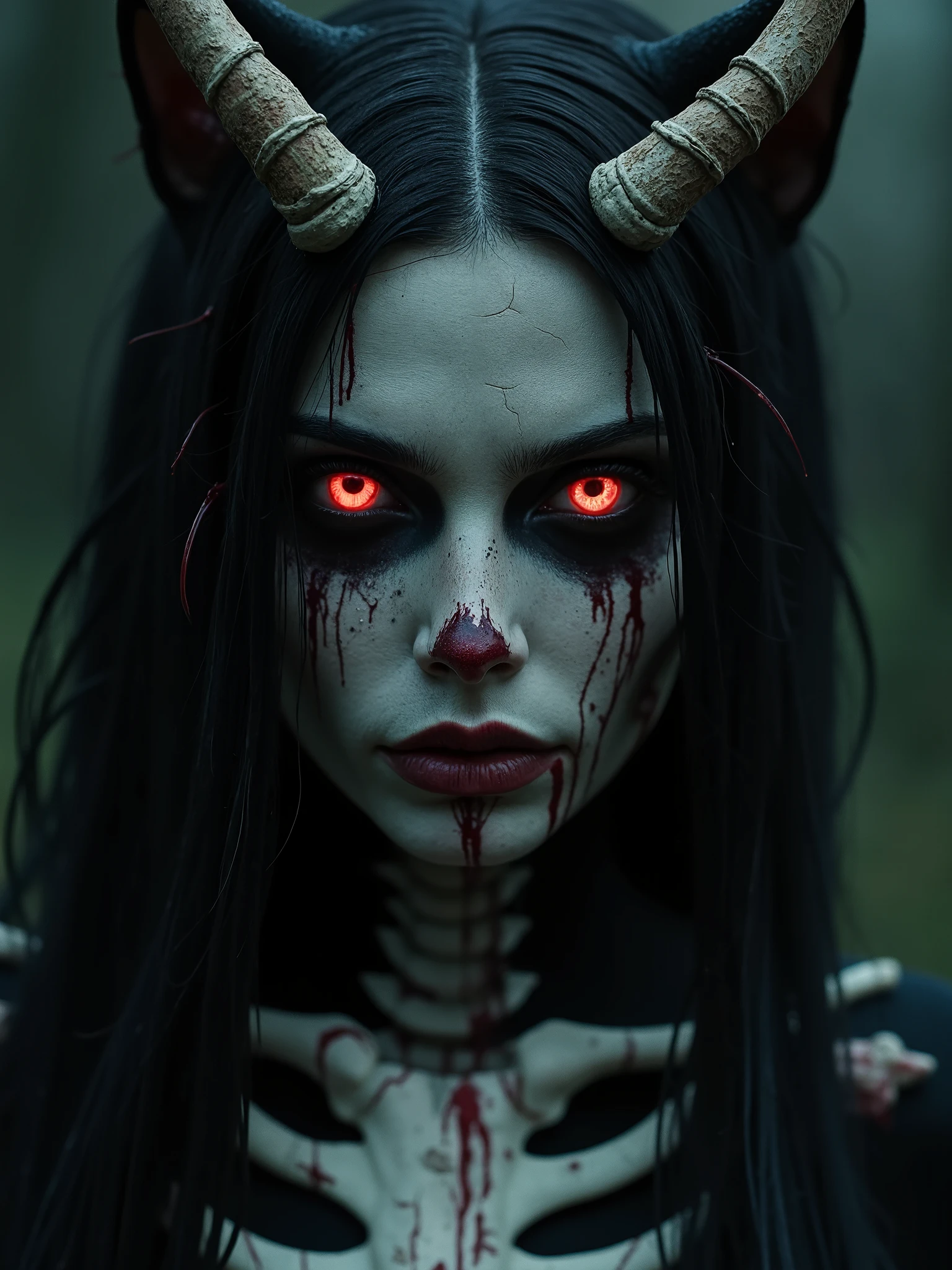 Beautiful dark haired woman with cat eyes,a endoskeleton as suit,skin is cracking on her face,revealing a skeleton underneath, satanic occult black metal dark horror photography,dark realistic photography, melancholic ambience, pentagram, occult, Satanism,piercings bleeding,long antler horns growing from her eyes,red goo everywhere, decaying entity of pain 