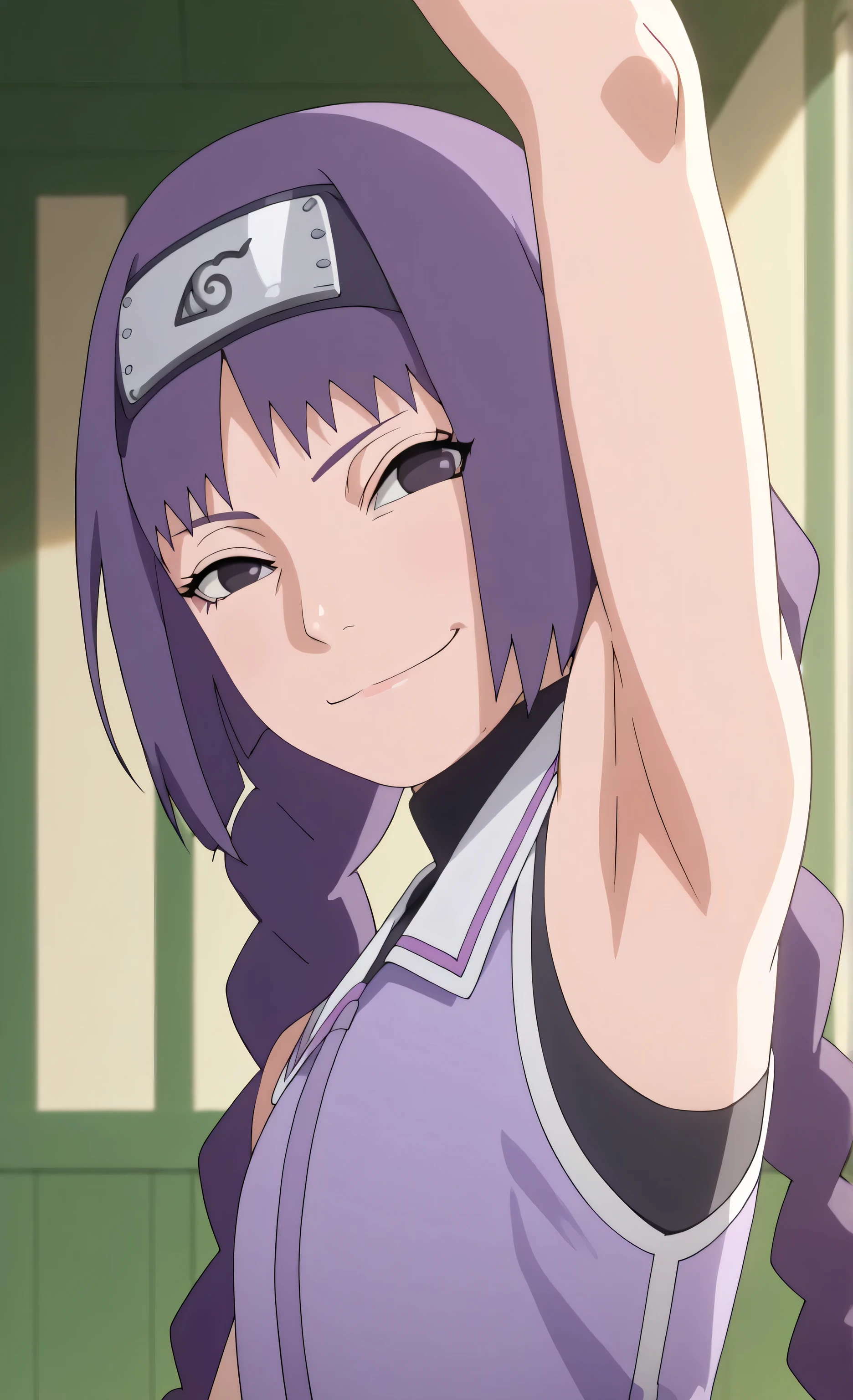 score_9, score_8_up, score_7_up, source_anime, anime coloring, masterpiece, best quality, amazing quality, anime screencap, 1girl, solo, borutosumire, purple hair, twin braids, konohagakure symbol, forehead protector, sleeveless, arm up, raised arm, armpit, head towards viewer, looking at viewer, smile, closed mouth, blush, smug, half-closed eyes, from below, from side, indoors