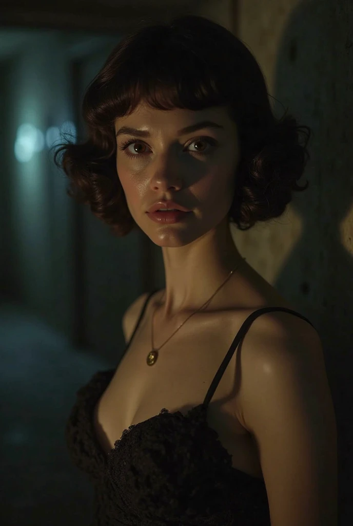 Elizabeth Henstridge, beautiful detailed eyes, beautiful detailed lips, polka dot dress, short hair, slender body, sad expression, photorealistic, intricate details, warm lighting, cinematic composition, dramatic lighting, muted color palette, emotional portrait, masterpiece, high quality, realistic, digital art