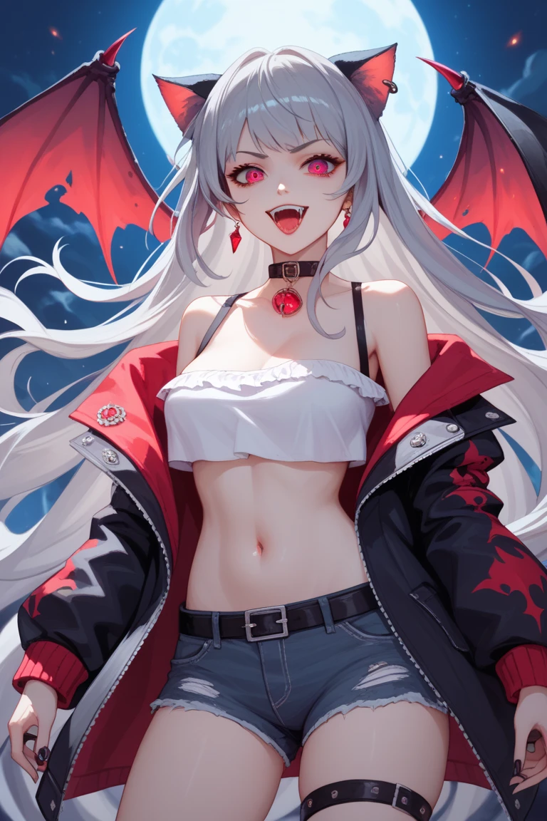 (best quality,4k,highres),sexy demon loli,open denim shorts,white wet t-shirt,bare midriff,underboob,batwings,dracula fangs,gazing at viewer,portraits,vivid colors,dark and atmospheric lighting
