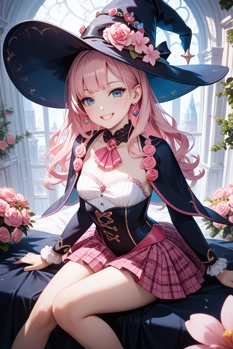 (master piece),(4k),high quality,(correct finger),(small breasts),((1girl)),((solo)),long pink hair,pale skin,smile,beautiful detailed blue eyes, (Highly detailed elegant),(witch hat with pink flower ornament),(pink girly fashion),black and pink plaid skirt,magical colors and atmosphere, detailed skin,light particles,Add a dramatic and symbolic element to your scene, Silky to the touch, Hyper Detail,sitting,create an ethereal atmosphere like a dream,((in library)),cowboy shot