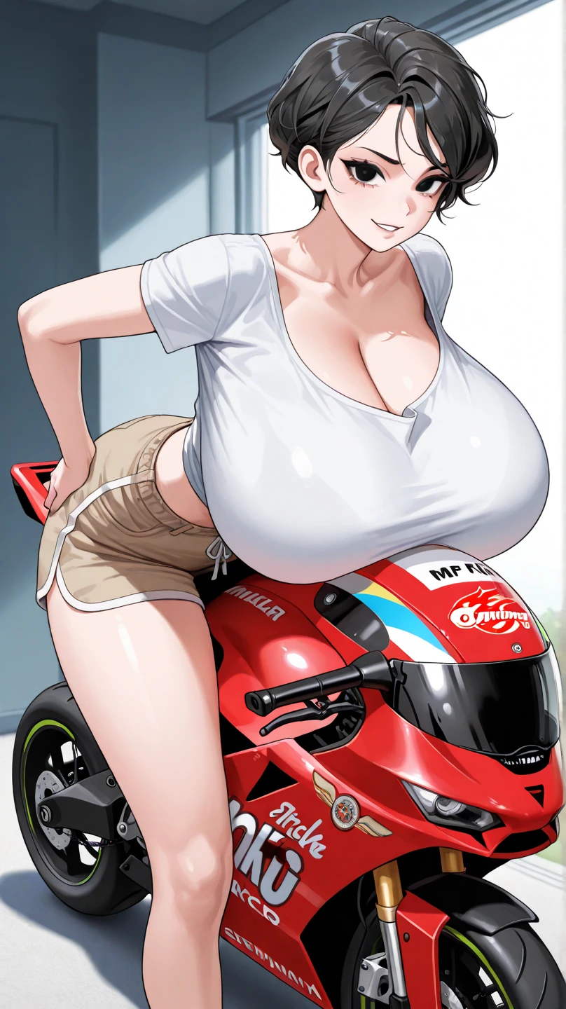 Masterpiece Sensual Attractive Woman with Big Breasts Bikini Pink riding motorcycle