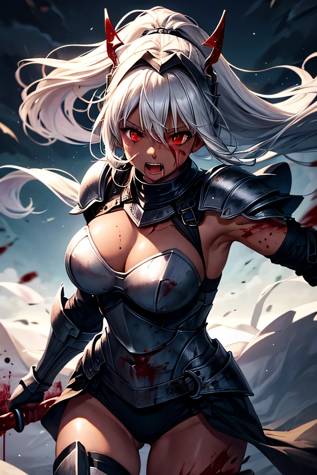 1girl,(sexy armor:1.5), (cowboy shot:1.2), (depth of field), masterpiece,8k, dynamic poses, ultra detail, (pretty face:1.4), (posing:1.5), (navel:1.5), (large breasts:1.8), (perfect body:1.2), (detail face:1.2), (many blood on body:1.6), (glowing eyes), aesthetic, (in the middle of war:1.8), (after killing people:1.5),(creepy smile:1.2),blonde