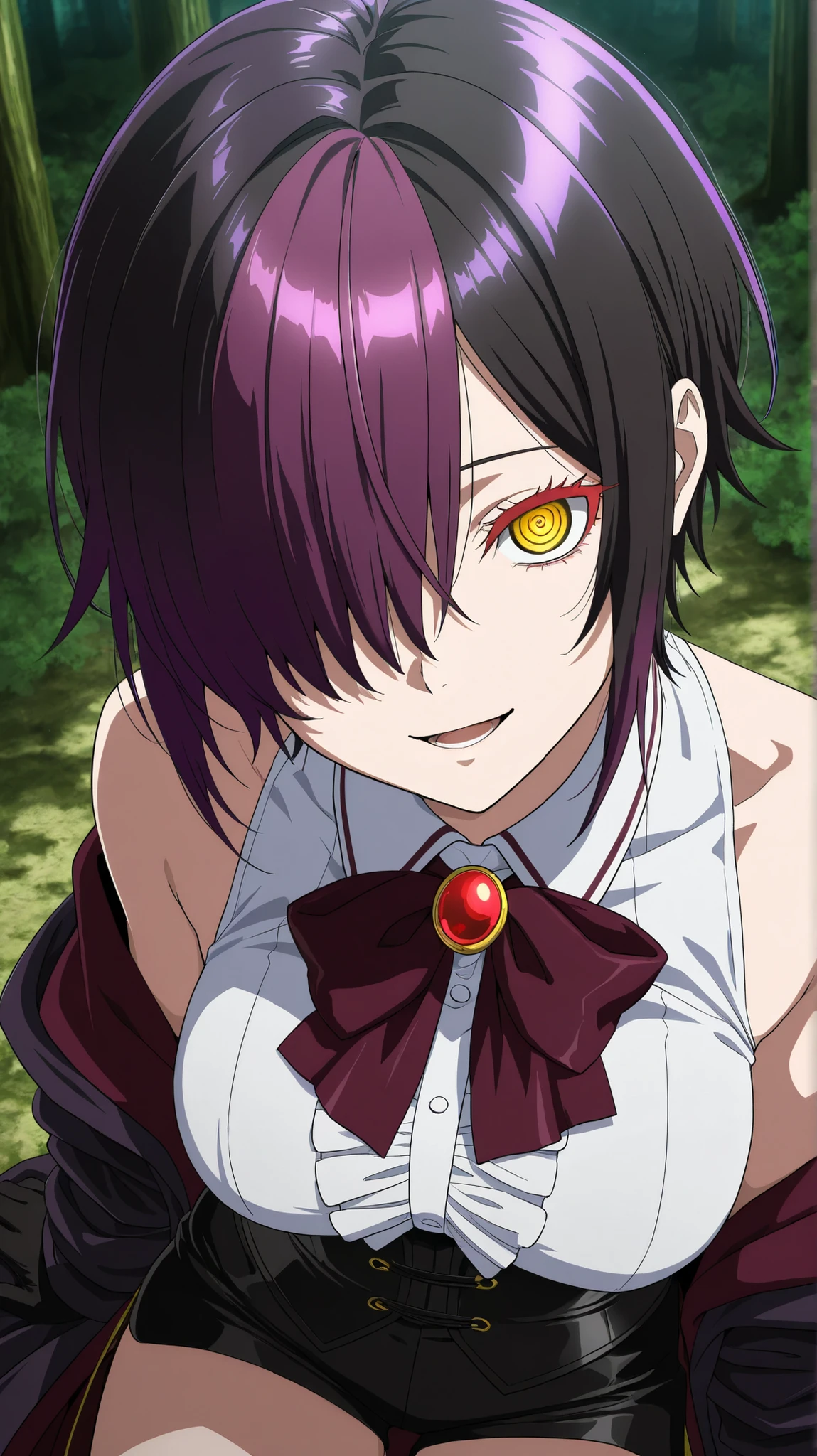 nihiro ,ishura
High quality , best quality , masterpiece, High Resolution , anatomically correct,anime Coloring
Detailed hair color(LoRA:nihilo), Detailed Hairstyle(LoRA:nihilo)
1girl,solo, Cool woman, adult
, black hair, purple hair, streaked hair (hair over one eye ,purple hair,),hair over one eye, yellow eyes, red eyelashes, short hair, breasts
, white collared shirt, sleeveless, off shoulder, black open coat, center frills, wine bowtie, red brooch, black corset, black short shorts, black gloves,
looking at viewer , close-up,upper body, from above
, Forest,,
, expressionless, seductive smile,crazy eyes,open mouth
