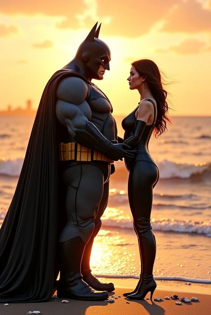 Give me a picture of Batman next to the artist Adele on the beach, both wearing royal blue swimsuits.
