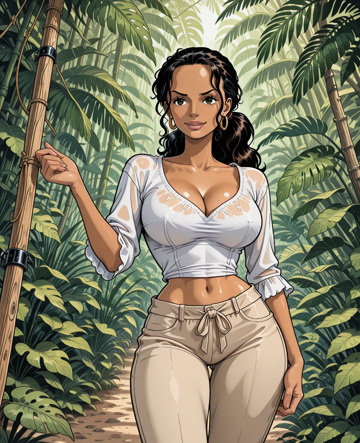 best quality, masterpiece, dynamic lighting, latin girl sitting on the throne made of logs and leaves, lush flowers, mexican girl, lush jungle, brown skin, spring environment, mushrooms, short hair, wide hips, narrow waist, huge breasts, frowning expression, nude, naked, full body, barefoot, (spread legs:0.7), big smile, cute facial expression,