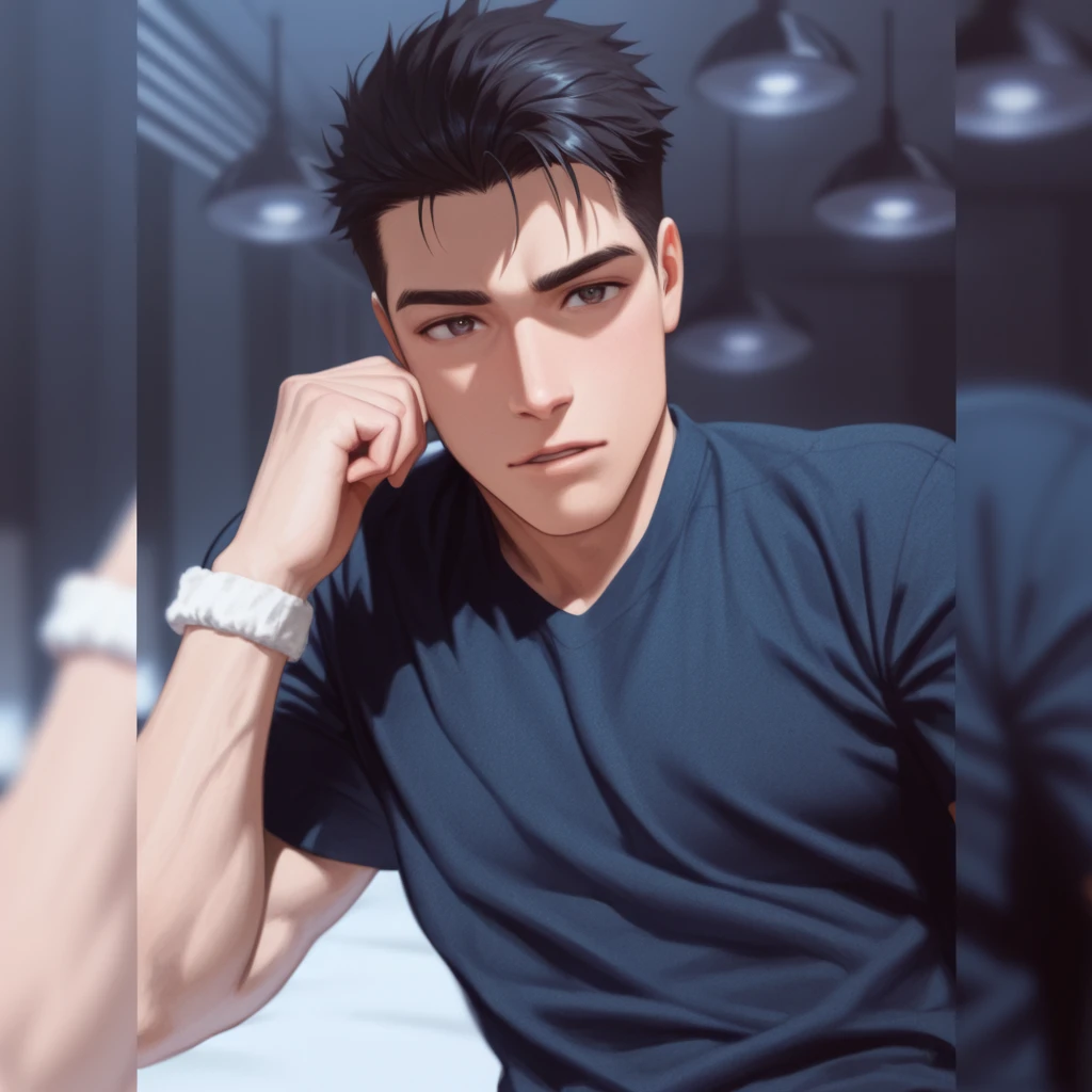 there is a 21 years old handsome guy, White T-shirt，black long pants，A gentle face，A dark-haired, Eyes drawn in detail、a handsome、Cinematic power、detailed eyes, detailed face, detailed nose, calm face, I gave him a slight temper