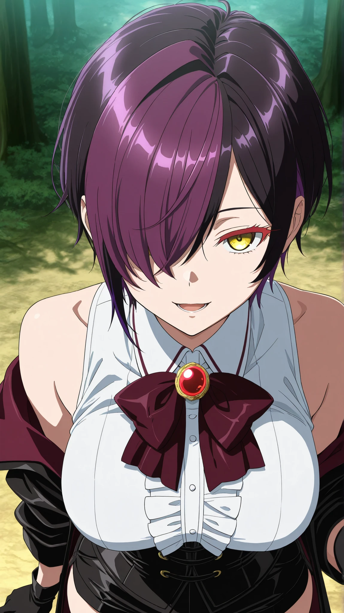 nihiro ,ishura
High quality , best quality , masterpiece, High Resolution , anatomically correct,anime Coloring
Detailed hair color(LoRA:nihilo), Detailed Hairstyle(LoRA:nihilo)
1girl,solo, Cool woman, adult
, black hair, purple hair, streaked hair (hair over one eye ,purple hair,),hair over one eye, yellow eyes, red eyelashes, short hair, breasts
, white collared shirt, sleeveless, off shoulder, black open coat, center frills, wine bowtie, red brooch, black corset, black short shorts, black gloves,
looking at viewer , close-up,upper body, from above
, Forest,,
, expressionless, seductive smile,,open mouth