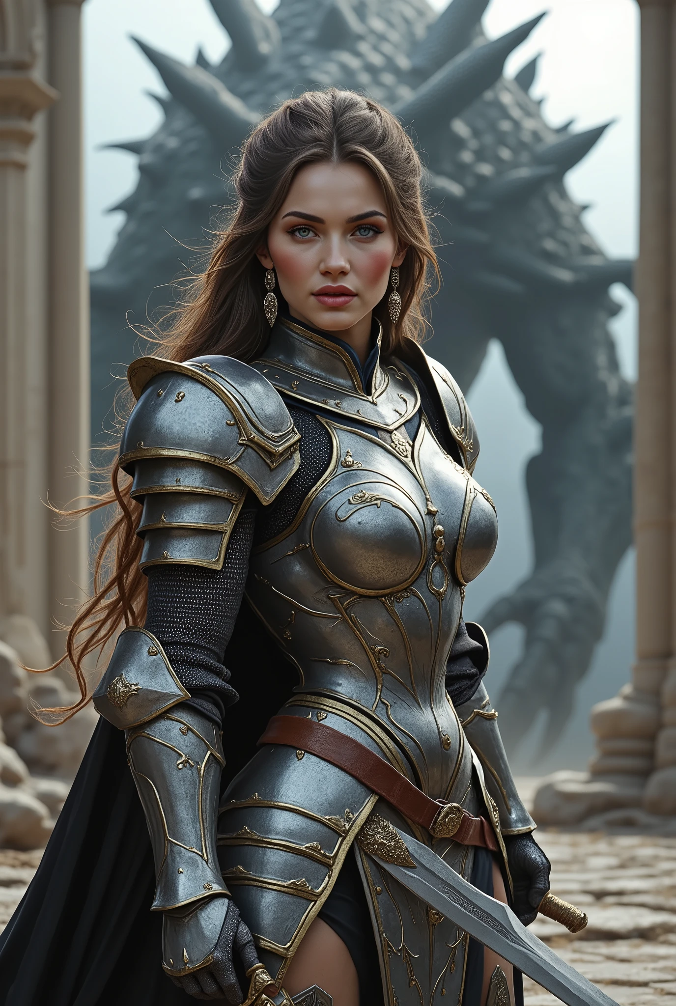 high definition , Realistic anatomy , best size , In detail , high detail , high quality , A girl in knight armor with a sword to fight the dragonLong hair , brown hair , Floating hair , Breasts , big breasts , earrings , makeup , blue eyes , Light blush , scarlet lips , в полный рост