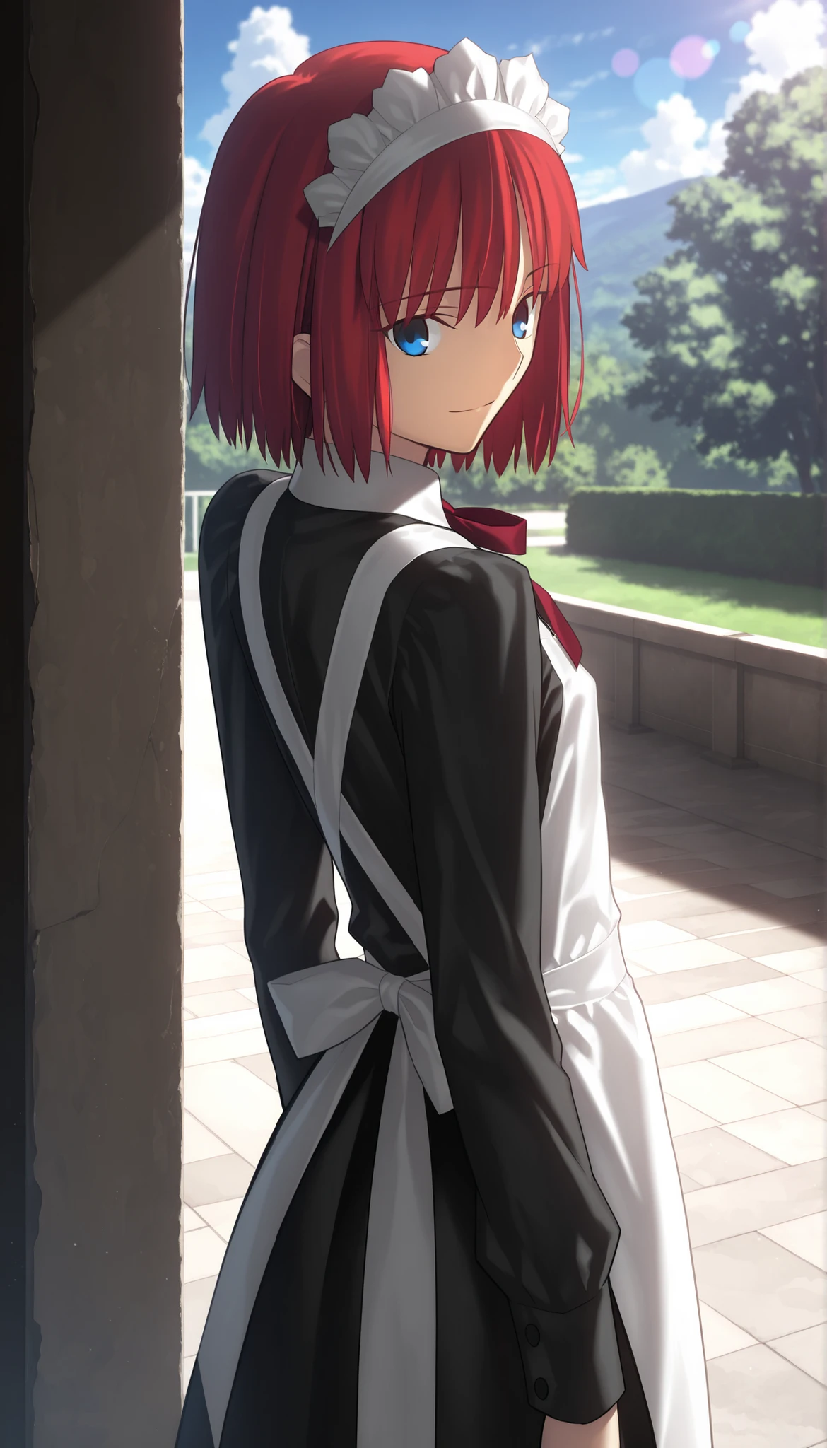 masterpiece, , absurdres, highres, detailed background, high resolution, masterpiece, necessary, detail, best quality, quality, necessary, details, High details, Precise, dark, outdoors, school, dappled sunlight, day, lens flare, blurry background, from above, from back, ,
1girl, , Takeuchi Takashi (type-moon,tsukihime) style, takeuchi takashi style,
girl, Akiha_Tohno, (tsukihime), red hair, bangs, (short hair, bob cut hair), (sky blue eyes), straight hair, tsurime, maid headdress, (), expressionless, light smile,
(black dress shirt, white apron), , dark red ribbon, small breast, flat chest, , looking back, ,