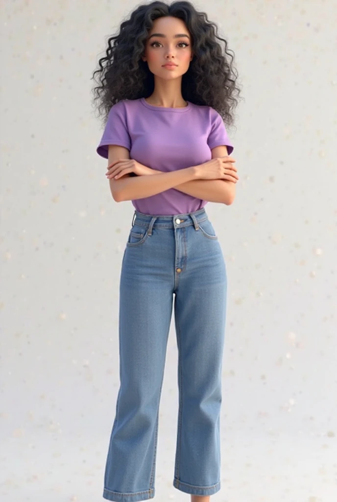 Character post inspired by the Disney Pixar universe with all the vibrant colors, she is 22 years old, a little chubby, curly hair, light skin, dark eyes, has a beautiful smile, small eyes, a beauty mark in the corner of her mouth and is dressed in blue crop top with loose jeans.