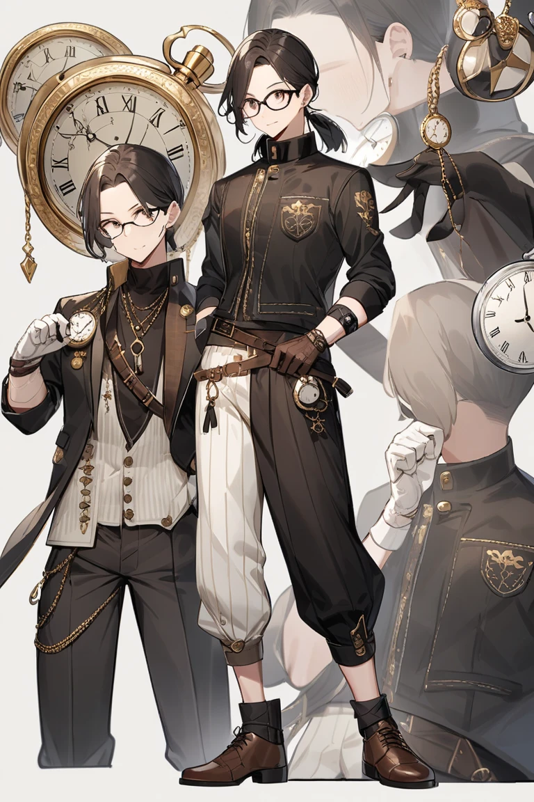 A Drawing with Identity V 2D style, with two boys, In the drawing you can see a: (( Person 1: 17-year-old white and freckled boy, short and wavy dark hair, light brown eyes and a Victorian Steampunk style suit, alchemist type, black gloves and Goggles on his head, He has feminine beauty and looks like a 14-year-old boy; )) + (( Person 2: is a boy 21 years old, with fair skin, messy brown hair is pulled into a short ponytail, with strands of hair sticking up from his head, thin, arched brown eyebrows, and warm grey eyes cross-stitched with black thread, the left of which is swollen purple, with a purplish-grey bruised eyelid obscuring half of his left eye. A tiny fang sticks out the left corner of his grinning mouth, revealing white teeth, He wears a slightly stained prisoner's shirt with a high collar and long, tapered sleeves, skinny jeans, and a leather belt with two satchels attached, in the left of which a hammer, some wire, rope, and a screwdriver are visible, and in the right of which a small wrench is visible. He also wears buckled leather boots with matching boot garters buckled up to his knees, and around his neck is a large metal shackle with a broken chain dangling from it. He also wears stained, filthy light grey cotton gloves with haphazard white stitching and thick cuffs. White linen bandages wrap around his neck and left forearm. A tear is visible in his left forearm, showing cotton stuffing. )) Person One is on top of Person 2 since he accidentally fell on top of him... Person Two is very surprised!; ((The background is a disorganized Victorian Steampunk workshop.))