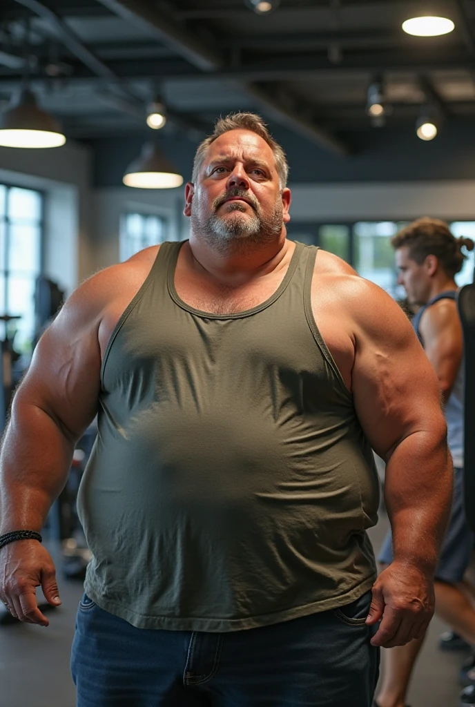 chubby old man in , old man, thick arm, huge arm, bearded. white hair and beard, bearded, muscular, pectoral, wide pectoral, realistic, 8k, masterpiece, (wearing shorts and tank top, shoes)