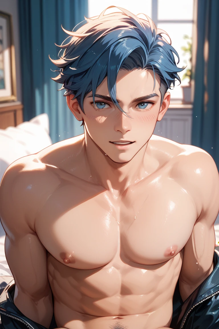 The most handsome man in the world with blue hair and purple eyes is a model he has a nice body and doesn't wear clothes.