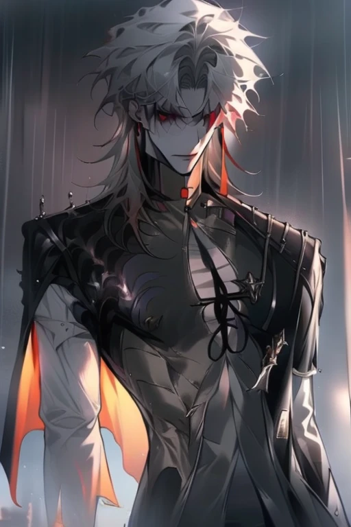 1Demon Man, black|white colored hair, Long hair, Horns, violet eyes, Large Demon Wings, indifferent look, They look like this:, topless male, muscular, leather belts, BDSM, leather pants, Gothic, Scarlet roses in dew