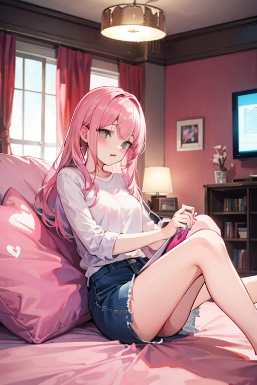 Teenage girl after shower, wrapped in a pink towel, sitting on the bed and looking at a mobile phone. She&#39;s angry. Teenage girl&#39;s room with clutter on the floor and band posters on the wall