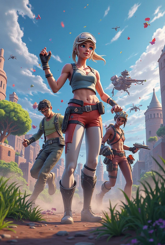 3 women standing, outside,park,trees, mountain, autumn, overcast, masterpiece,
sonyablade, blonde hair, ponytail, blue eyes, vest,cleavage, dog tags, fingerless gloves, abs, pants, looking at viewer, serious, smirk, <lora:SonyaBladeMK9:.8>