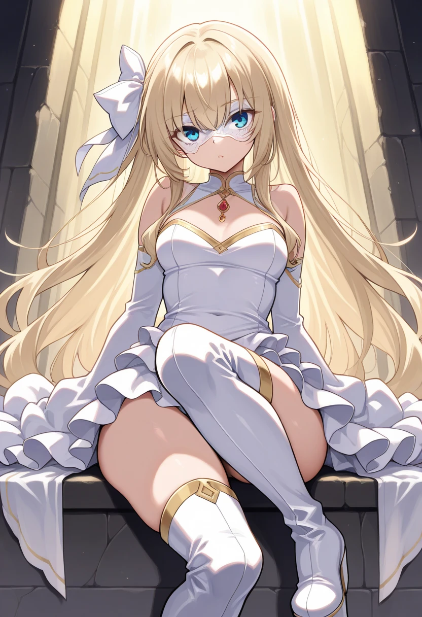 (((masterpiece))), (((best quality))), ((ultra detailed)), Highly Detailed beautiful and aesthetic, extremely detailed CG, perfect details, very delicate light, finely detailed eyes and detailed face, detailed light, (best shadow), (best anatomy), beautiful detailed eyes, (detailed body), detailed face, (colorful), beautiful detailed hair, (ray tracing:1.2), 1girl, solo, blonde hair, long hair, very long hair, small breasts, blue eyes, (finely detailed beautiful eyes: 1.2), white legwear, ((white leotard)), standing, happy, smile, looking at the viewer, priestess, dynamic pose, (kawaii), (wet,wet and transparent leotard), closed mouth,