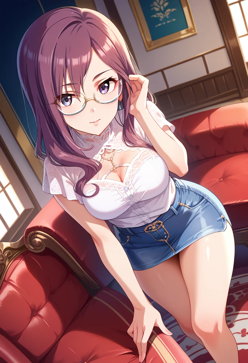 1 girl, red-purple hair, very long hair, violet eyes, beautiful eyes, big eyes, big lips, glossy lips, very curvy body, big breasts, long legs, big butt, wide hips, thick thights, defined image, office look, glasses, seductive gaze, office outfit, dressed, legs crossed