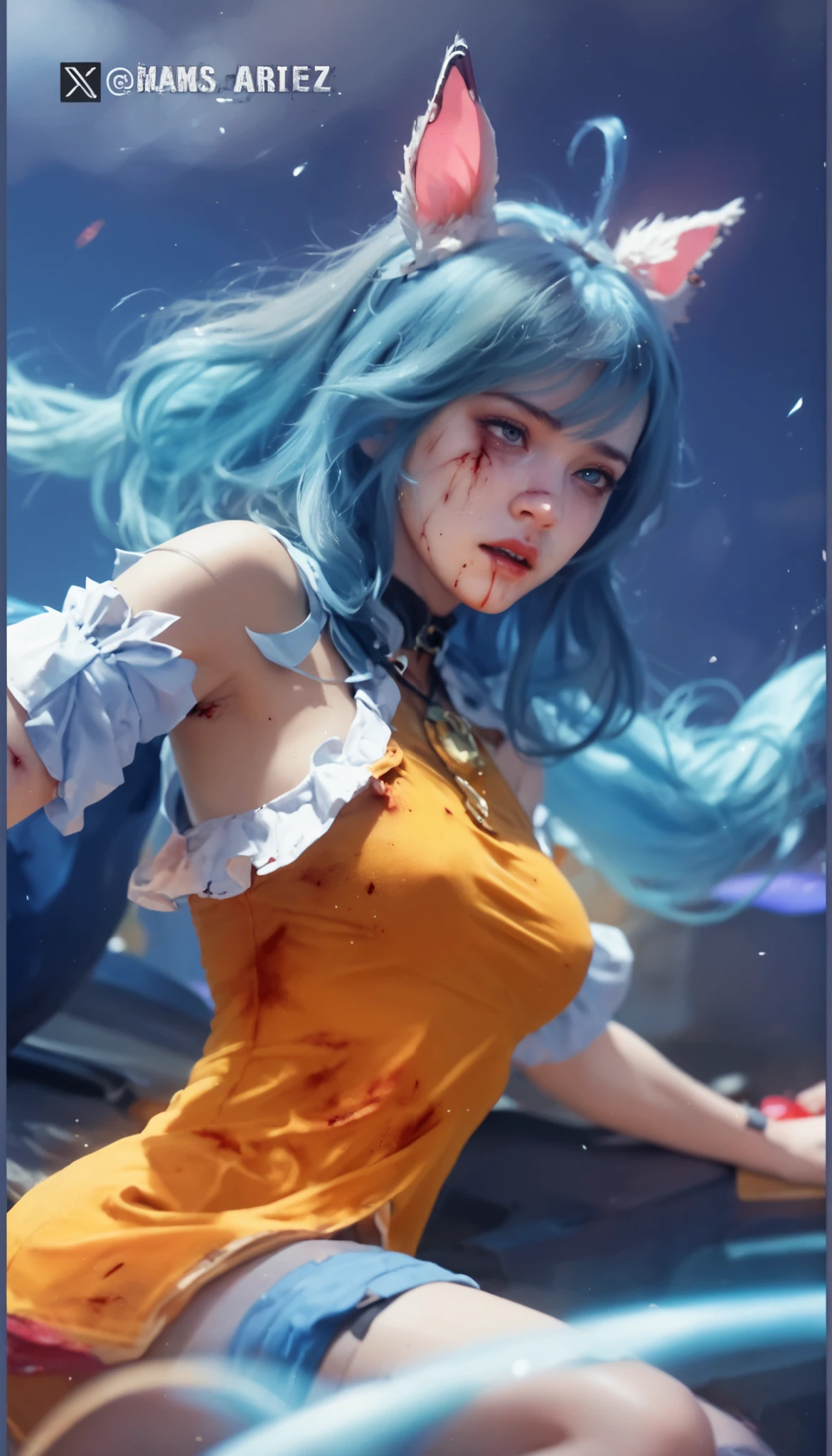 Girl, face covered in blood, holding knife, crazed look, smiling at camera, blue hair