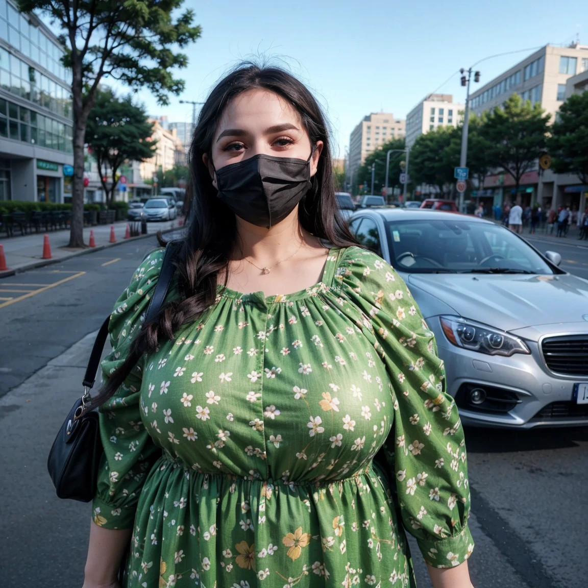 Draw a picture of a rather plump young Asian woman with long, wavy, dark brown hair. She wore a black face mask and a brown blouse that showed a little cleavage. This woman was standing next to the car with the door closed but the car window open, looking down slightly with one hand leaning on the door and the other holding her cell phone. The angle of this photo is from inside the car, showing the view from the side of the car door towards the woman. The background is nighttime with dim lighting, and there is some graffiti or murals on the wall behind the woman.