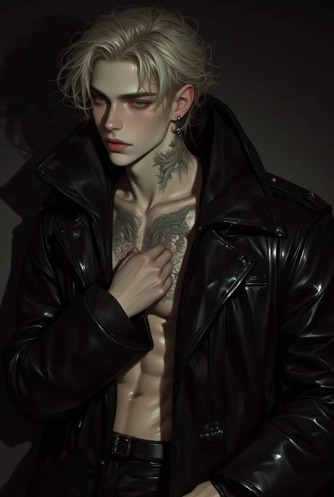 Teenage guy, white skin, toosled grey hair, grey eyes, tattoos neck, tattoos arms, tattoo torso, piercings, silver chains, summer vibes, sleeping position, dramatic lighting, dark colors, textured skin, hand gesture, naked, sensual, detailed features, edgy, teenage, androgynous, intimate, high quality digital art, dark fantasy style.